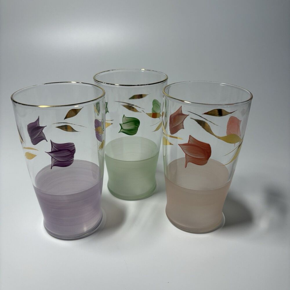 (3) MCM Vintage Bartlett Collins Cocktail Tumbler Glasses Pastel Flowers Gold